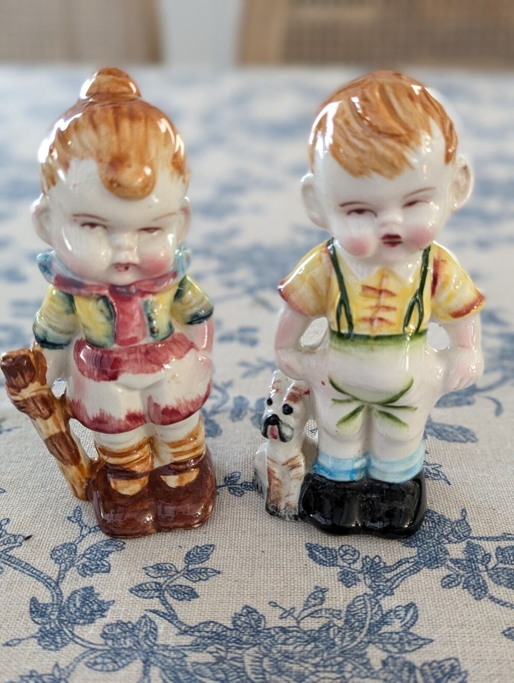 Vtg Chubby Face Red Head Boy And Girl Ceramic Figurines Cottage Decor Unique Fun